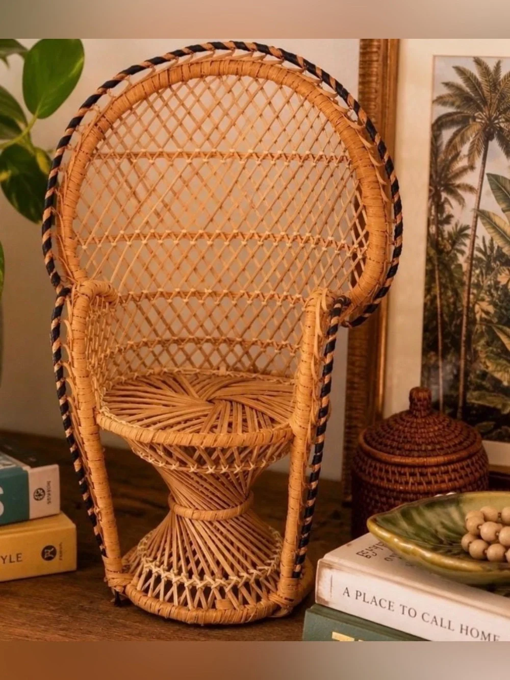 Vintage Peacock Wicker Rattan Miniature Chair Boho Plant Stand